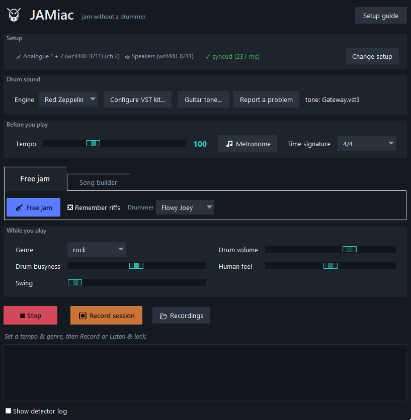 The JAMiac window: setup, drum sound, tempo, the Free jam and Song builder tabs, live drum controls, and Record session